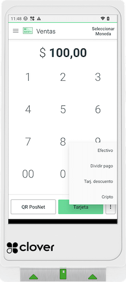 En la app ventas, ingresar el monto correspondiente. Tocar en los 3 puntitos de la parte inferior derecha y seleccionar la opción “Cripto”.